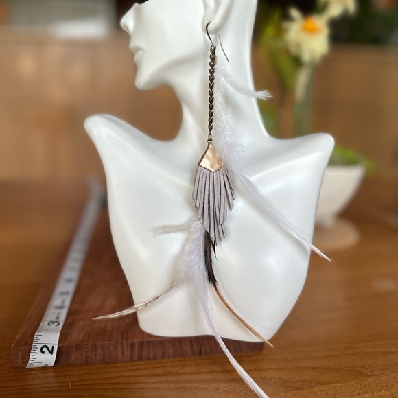 Suede Fringe Arrow Feather Antique Brass Bohemian Statement Earrings - Picture 4 of 11